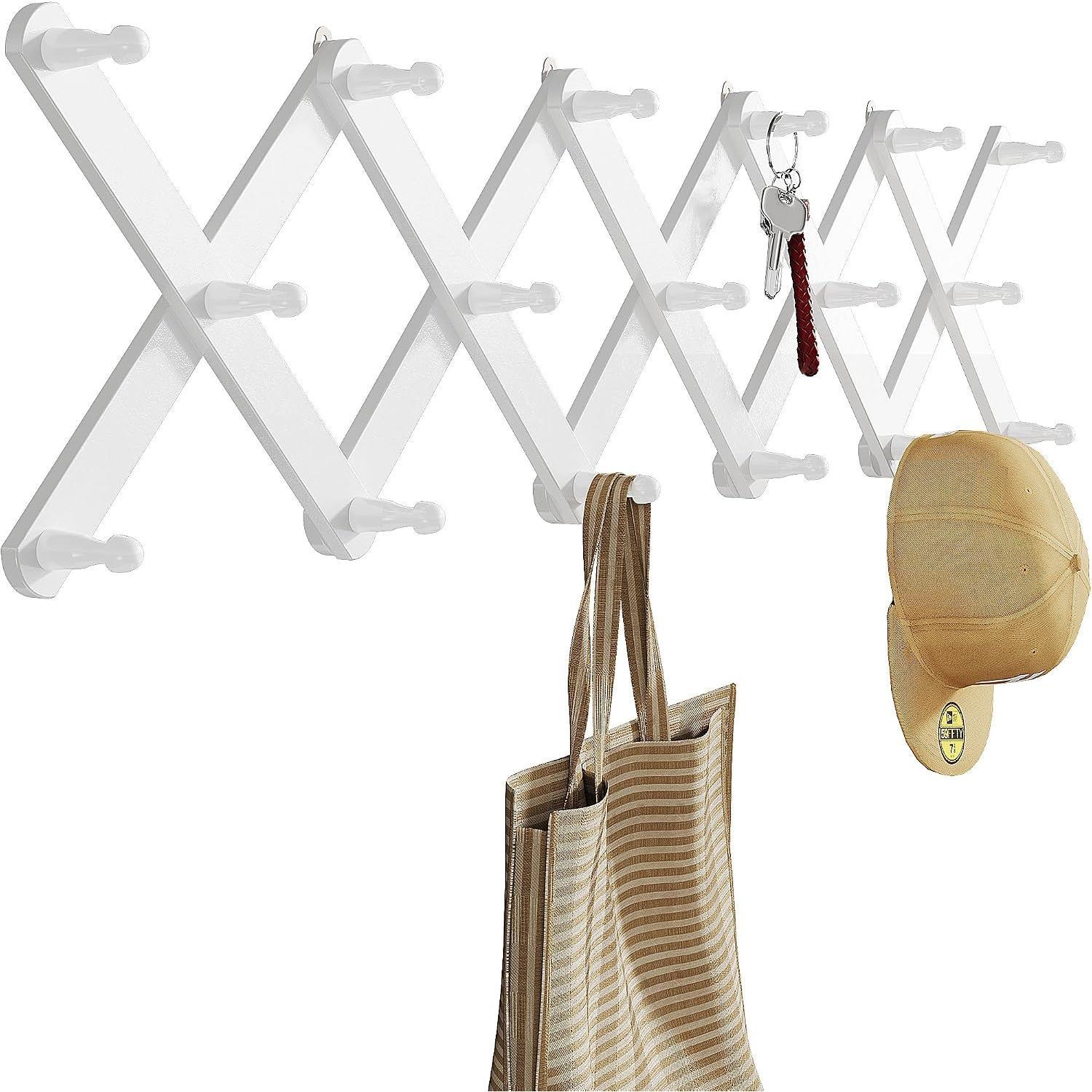 Accordion Wall Hanger with 14 Pegs, Expandable Wooden Coat & Hat Rack