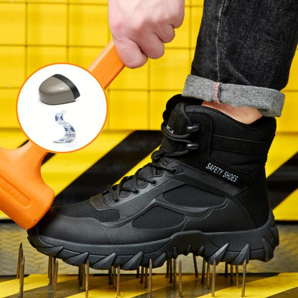 NIEION Men's High Top Steel Toe Safety Boots with Magnetic Closure & Anti-Slip Sole Waterproof Slip-Resistant Black Work Shoes for Outdoor Labor