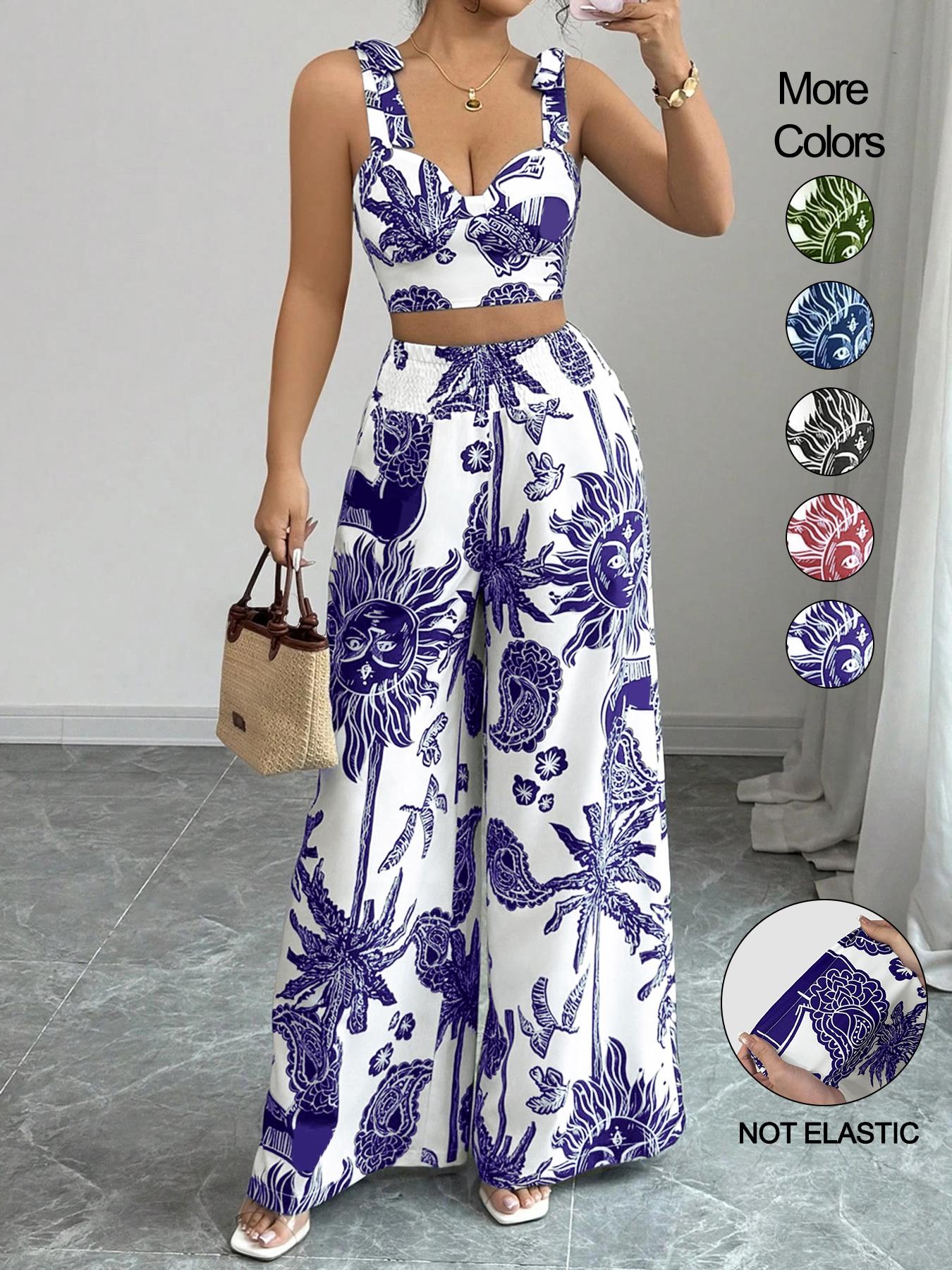 Women's Boho Style Floral Print Sleeveless Top & Belted Straight-Leg Pants Set, Casual Summer Outfit for Vacation