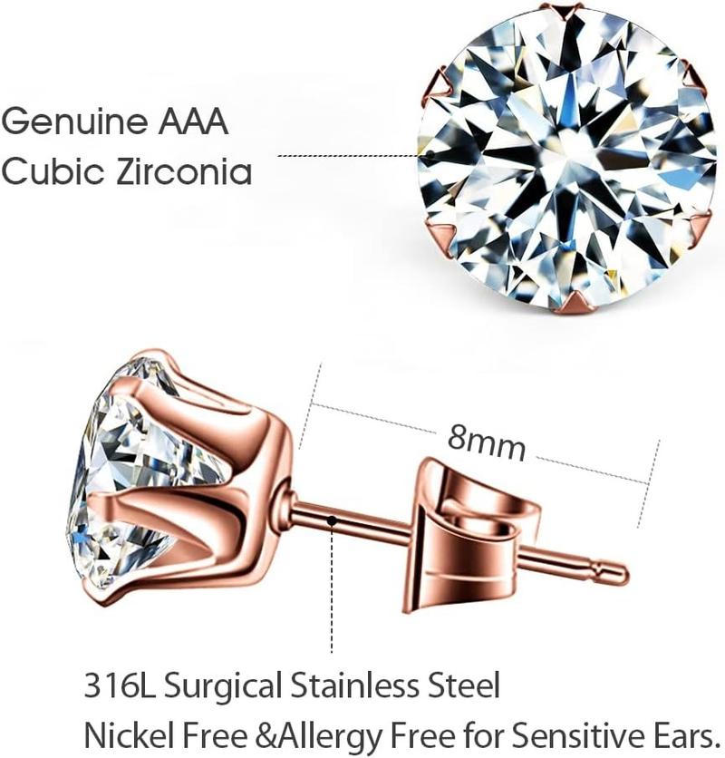 Sliver/Rose gold 6 Pairs Stainless Steel Stud Earrings Set Hypoallergenic Cubic Zirconia 14K White Gold 316L CZ Earrings