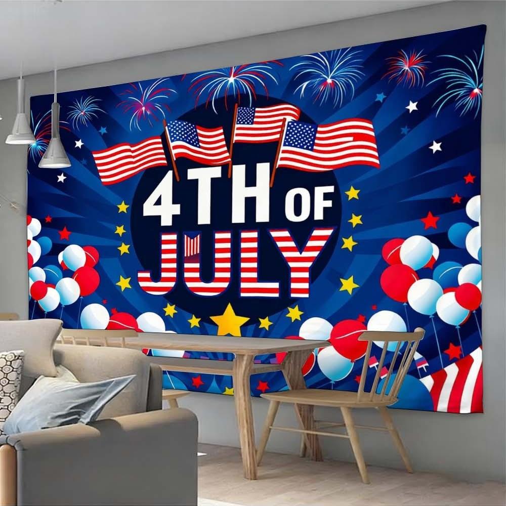 1PC Independence Day themed tapestry for enhancing home atmosphere perfect for bedrooms and living rooms ideal for gatherings and celebrations wall decoration featuring vibrant stars stripes flags and fireworks background fabric adding festive vibes to an