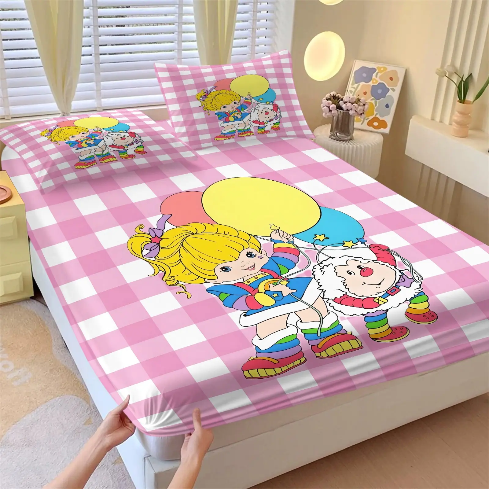 Pink and White Check Rainbow Girl Balloon Print Fitted Sheet Set & 2 Pillowcases, Retro 80s Cartoon Y2K Sweet Cool Style, Comfortable Deep Pocket, Girl Kid Room Nostalgic Cartoon Lover Bedroom Dorm Decor