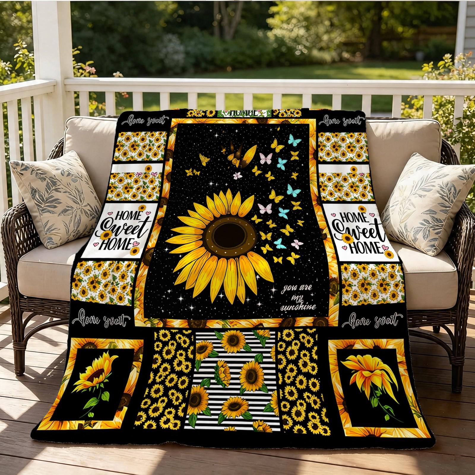 Sunflower Themed Flannel Throw Blanket, Single-Side HD Printed, Retro Farmhouse Style, Soft & Lightweight Multi-Use Blanket for Napping, Camping, Picnics & Home Decor, Suitable for Teens & Adults, Heartfelt Gift for Her