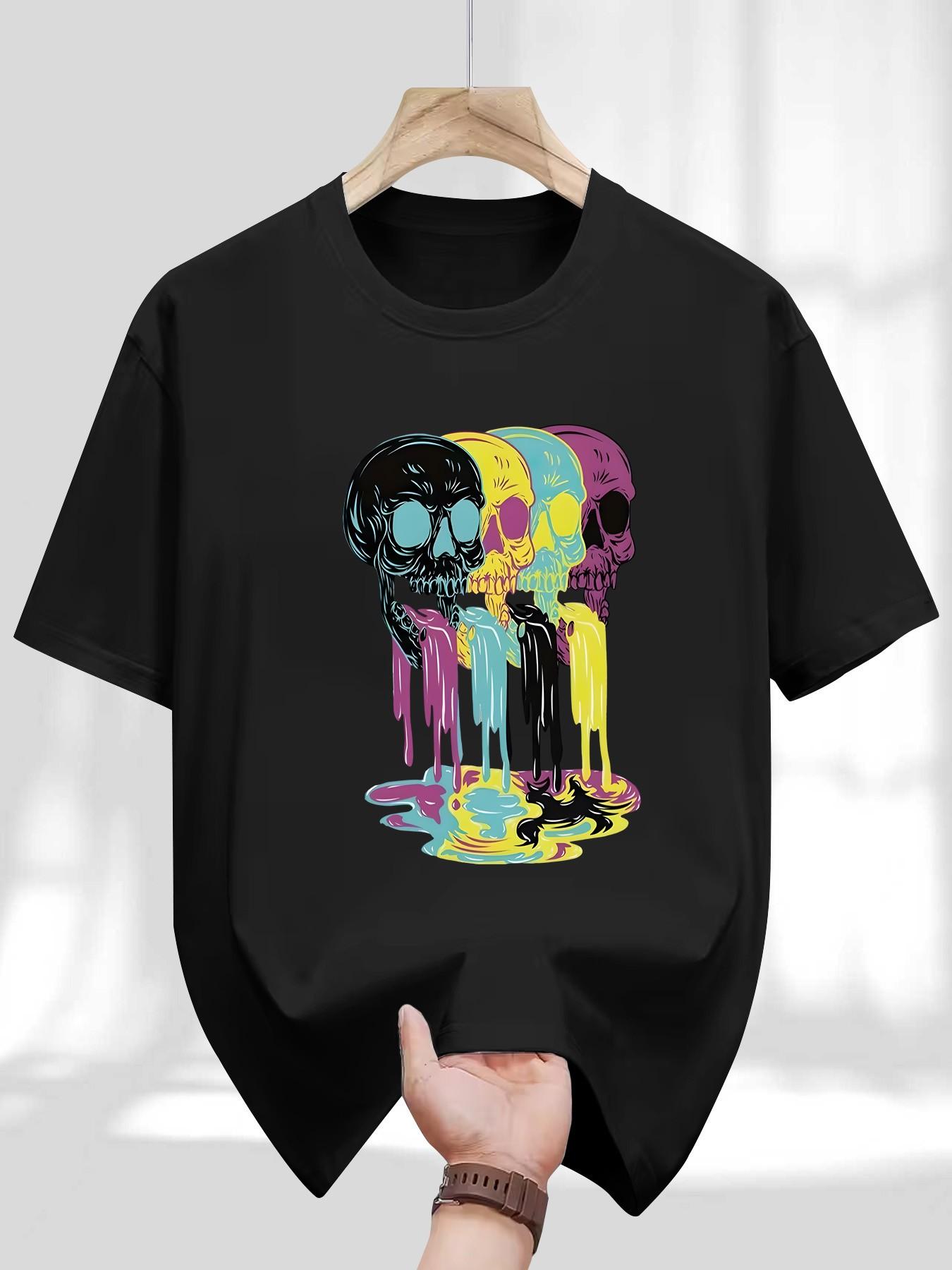 Men's Round Neck T-Shirt, Fashion Colorful Skull Geometric Print, Retro Religious Style, Casual Long Sleeve, Perfect for Daily Wear