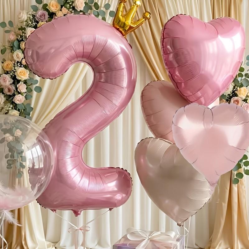 Pink number and heart-shaped balloon set, Birthday decorations, including balloons 1-9 with bow decoration and heart-shaped balloons - suitable for birthday parties, weddings, Valentine's Day decoration - pink party supplies