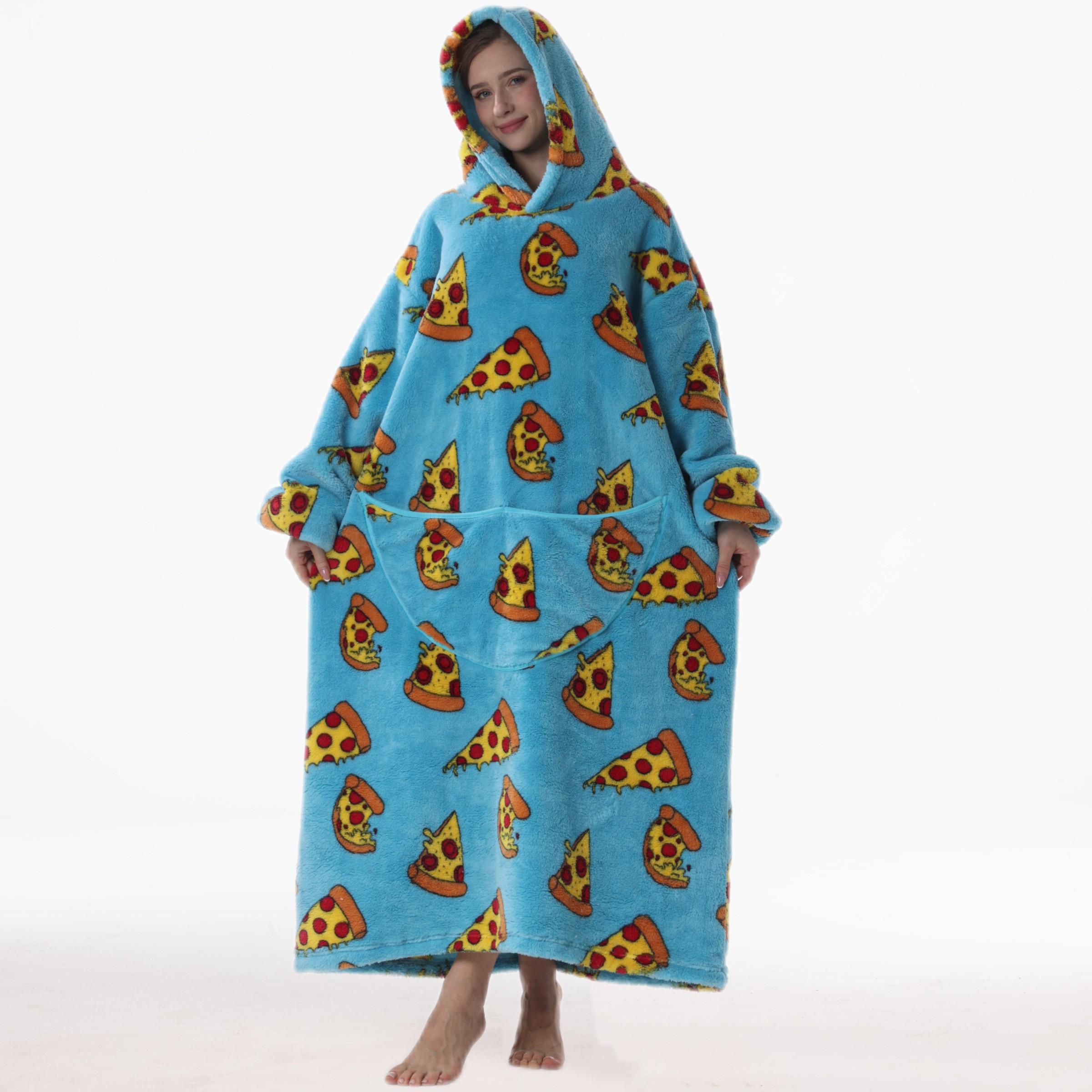 Pizza Pattern Oversized Wearable Blanket Sweatshirt, Soft Flannel Wrap, Unisex Comfortable Bathrobe, Fun Print Design