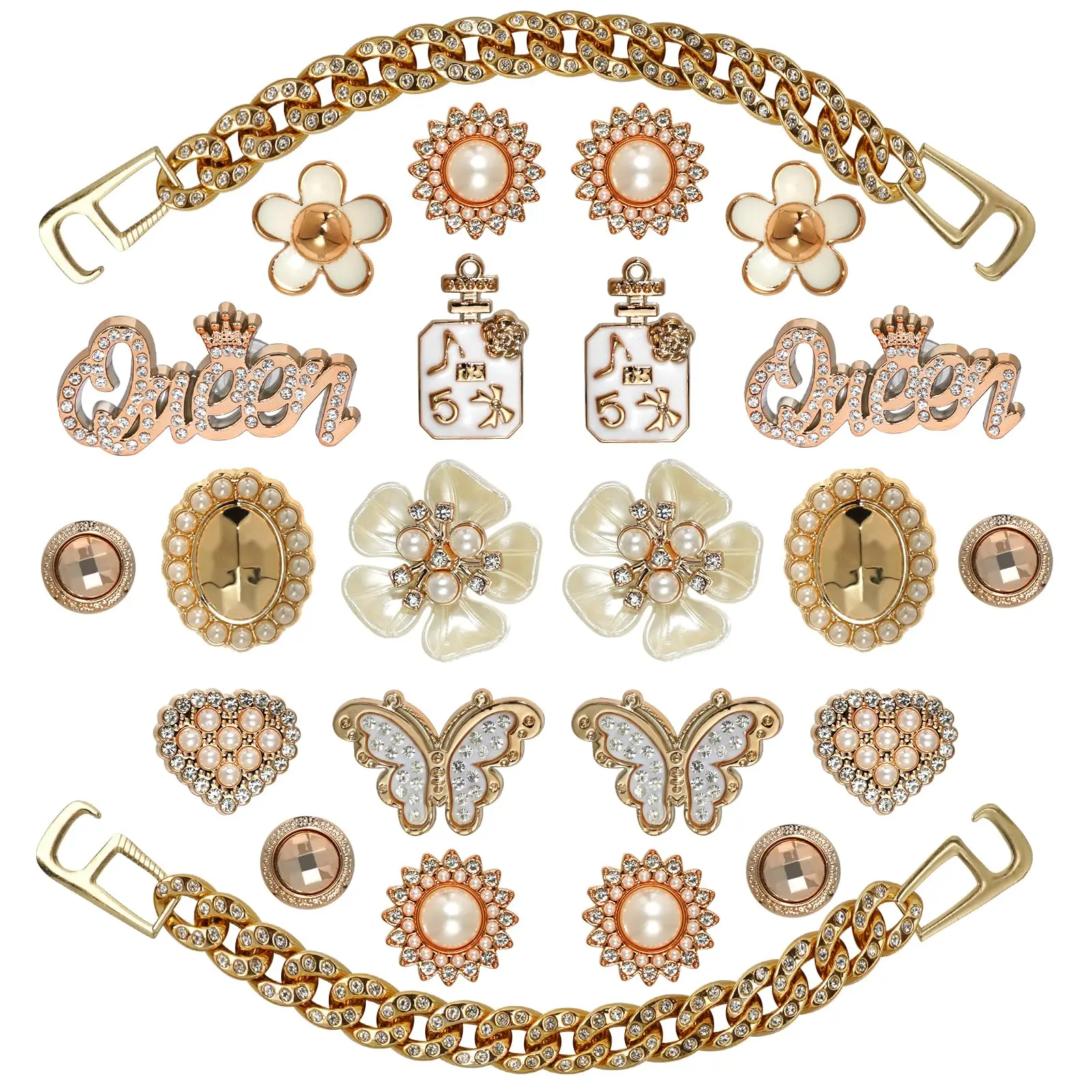 SOGLLQAM Bling Shoe Charms for Girls and Women, Girly Gold Shoe Charms for Clogs & Sandals, Glitter Pearl Flower Shoe Decoration Charms with Chains & Pins, Cute Summer Shoe Accessories, Birthday & Holiday Gift