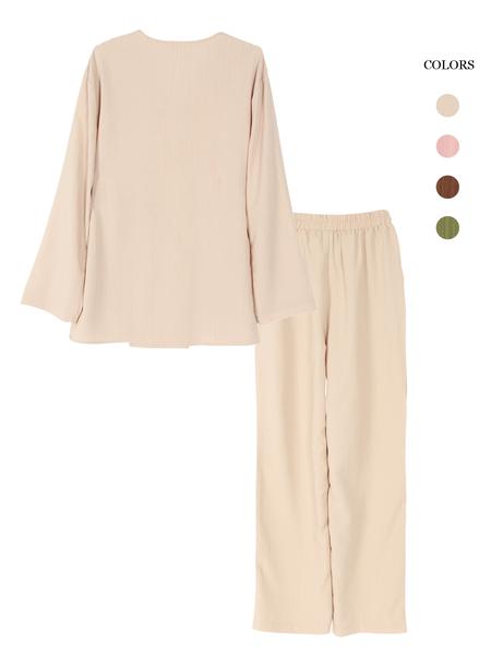 Women's Casual Loose-Fitting Tie Front Top & Pants Set, Elegant Daily Wear with Pockets, Comfortable Long Sleeve