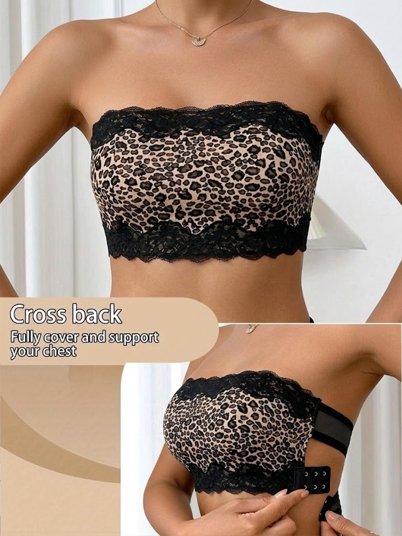 Women's seamless leopard print bra, strapless, cross-back design, casual and comfortable, minimalist see-through, wireless, black, invisible basic, adjustable bra, leopard print top