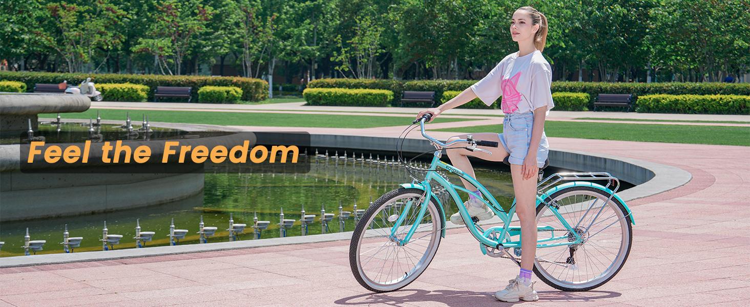 EOYOBIKE Beach Cruiser Bike for Women and Men, 24/26 Inch 7-Speed Adult Bicycle, Comfortable Step-Through Frame with Rear Rack, Classic City Cruiser