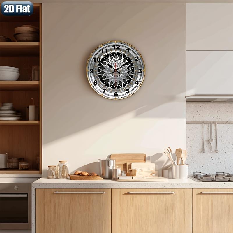 . 2D Flat. 1pc. Car Wheel Hub Themed Wall Clock, Silent Decorative Clock, Creative Wall Clock, Suitable for Bedroom, Living Room, Office Decoration, 25/30 cm (AA Battery Not Included), 2D Flat