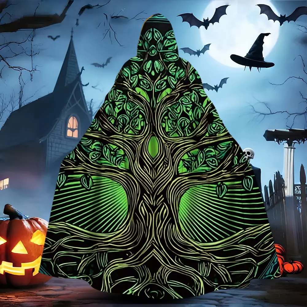 Tree of Life totem print hooded long cape, witch-themed Halloween cape, unisex, mysterious gothic party outfit, long and loose-fitting, one size fits all.