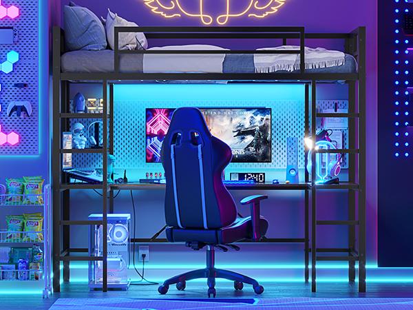 Hasuit Twin Size Loft Bed with Desk U-Shaped | Heavy Duty Metal Frame & Built-in Charging Station | RGB APP-Controlled LED Lights, Safety Guardrails + Open Shelves | No Box Spring Needed Easy Diy Assembly