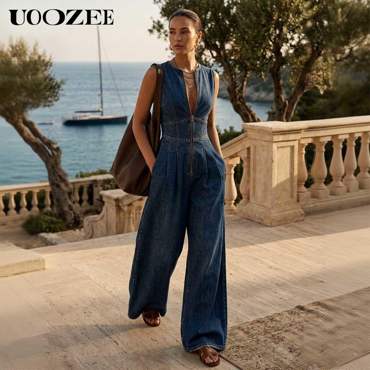 UOOZEE Women's New Summer Vintage Sleeveless Denim Wide Leg Jumpsuit, High Waist Front Zip Denim Overalls with Pockets, Zip Front Casual Jumpsuit for Tall Women(One Size Up Recommended for C - Cup and Above),summervibes