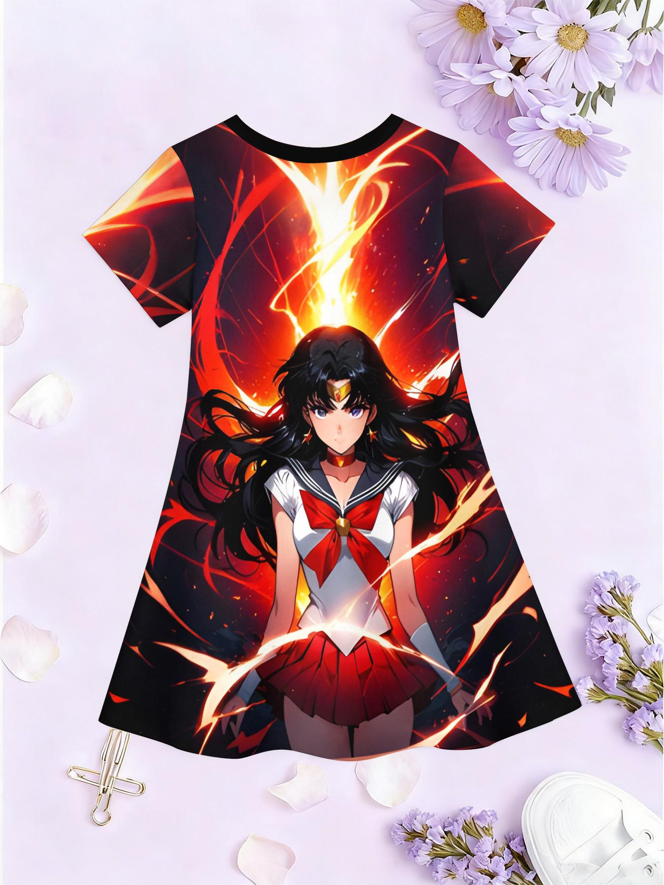 Girls' 3D Short Sleeve Dress, Sailor Moon Mars Fire Lady Full Print, Perfect for Parties, Festive Gifts, Birthday Presents