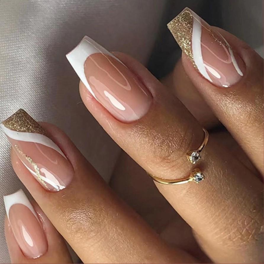 Coffin Nail Shape Nude Gold French Wearable Nails, Glossy Finish, Edge Contrast, Golden Gradient, Lightweight Skin-Friendly