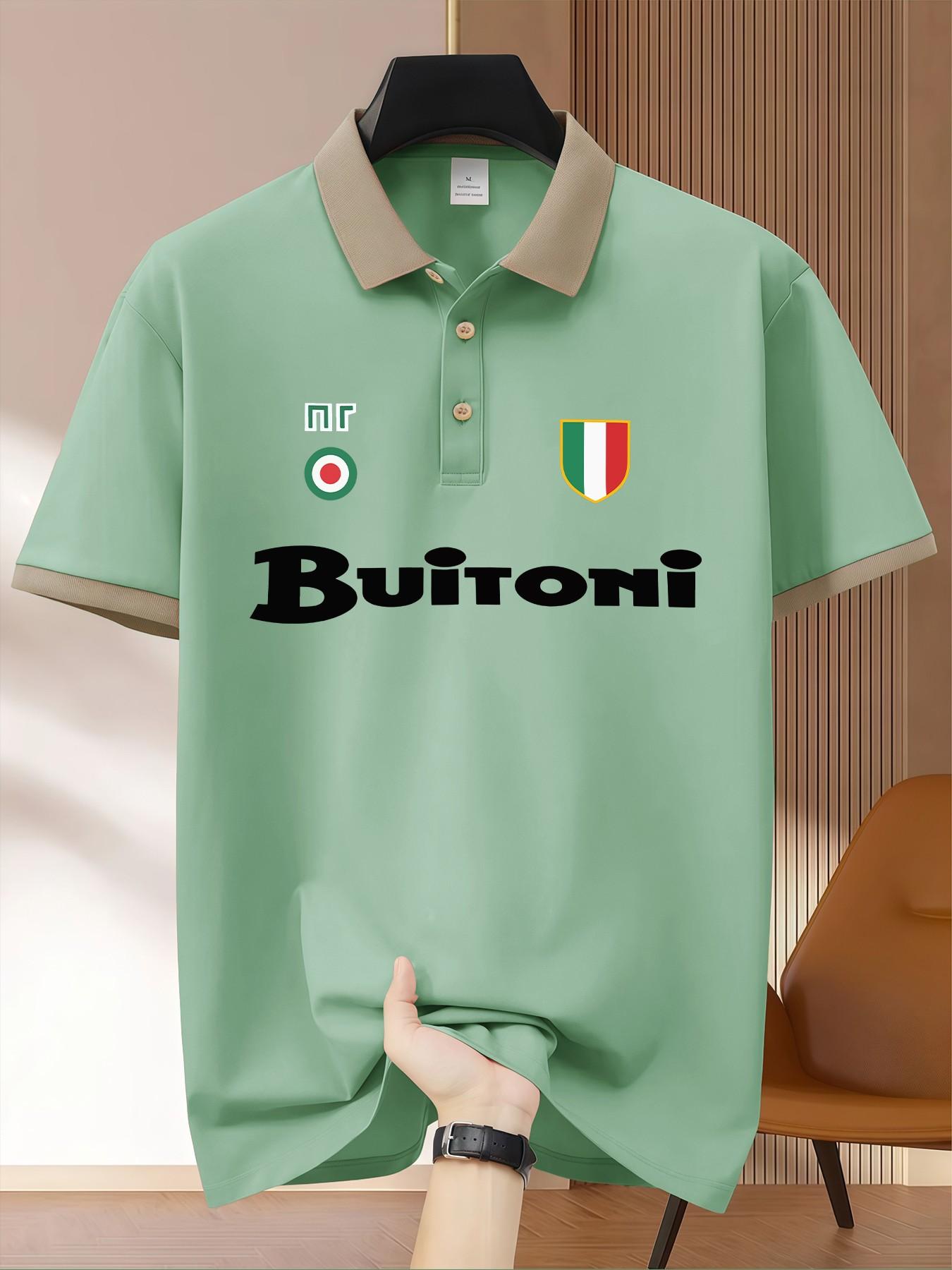 Buitoni Italian Flag Shield Vintage Print Polo Shirt, Business Casual Men's Short Sleeve Knitwear, Daily Commute Office Wear Top