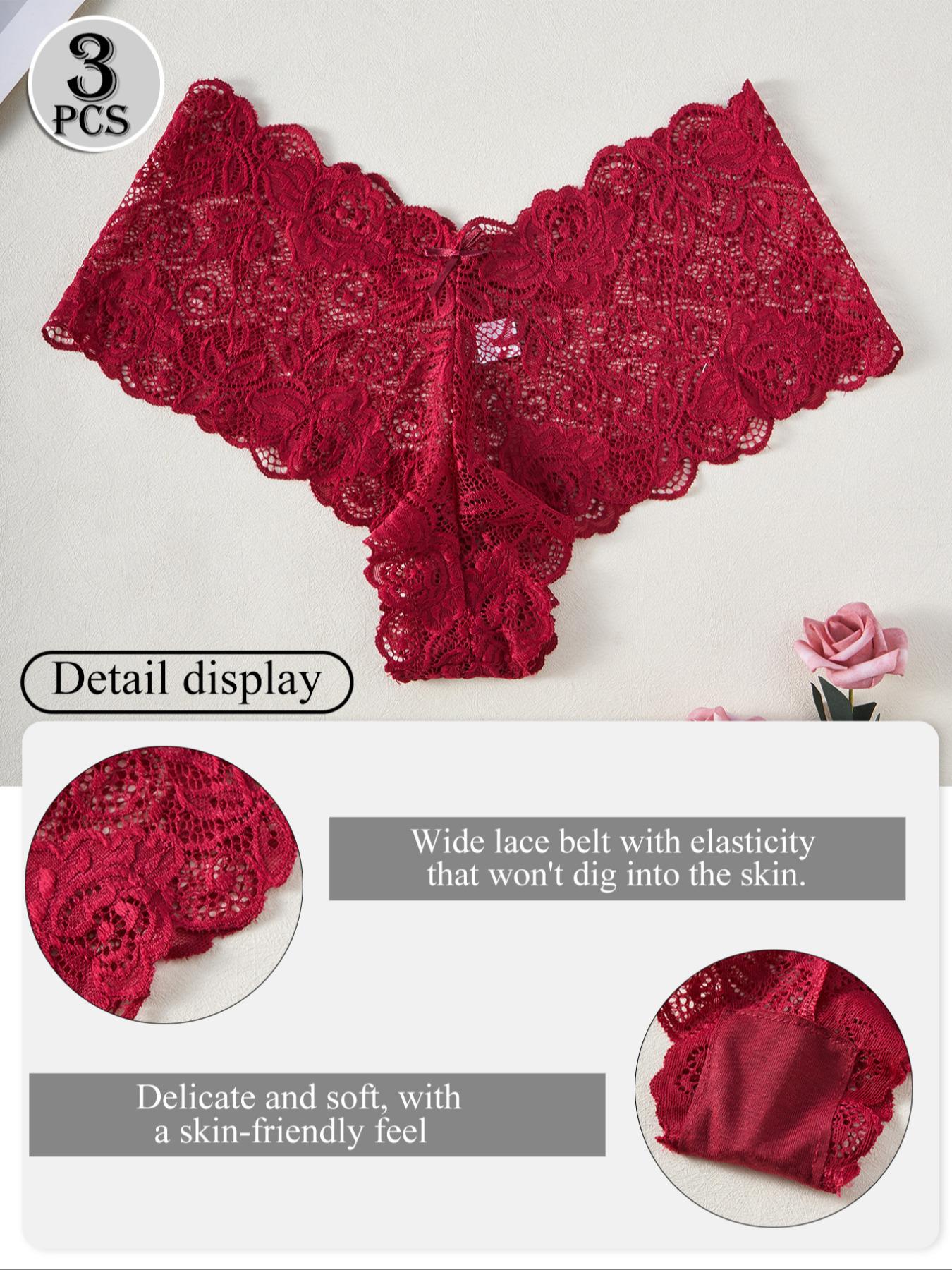Women's Lace Underwear Mid-Waist Thong Panties, Bow Detail, Full Embroidery, Plain Color, M-Xxl, Slim-Fitting, All Seasons