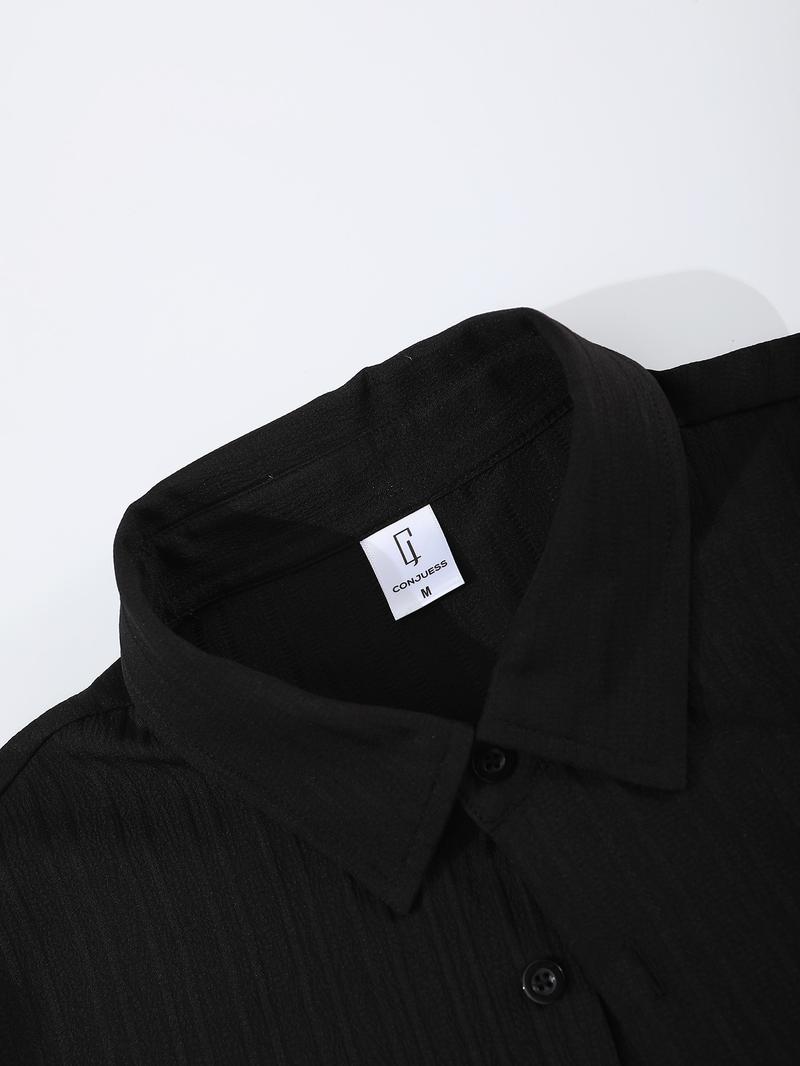 Men's All-Black Vertical Texture 2-Piece Casual Set - Long-Sleeve Button-Up Shirt + Elastic-Waist Pants, Lightweight Drapey Fabric, Relaxed Loose Fit, Minimalist Sophisticated Design, Perfect forOutdoor Brunch, Urban Office Commutes, Café Meetings & Casua