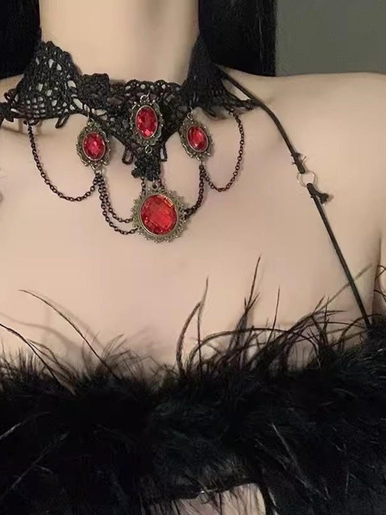 Vintage Court Necklace, Gothic Halloween Dark Princess Lace Choker, Unique Chain Print Accessory, Party Style, All Seasons