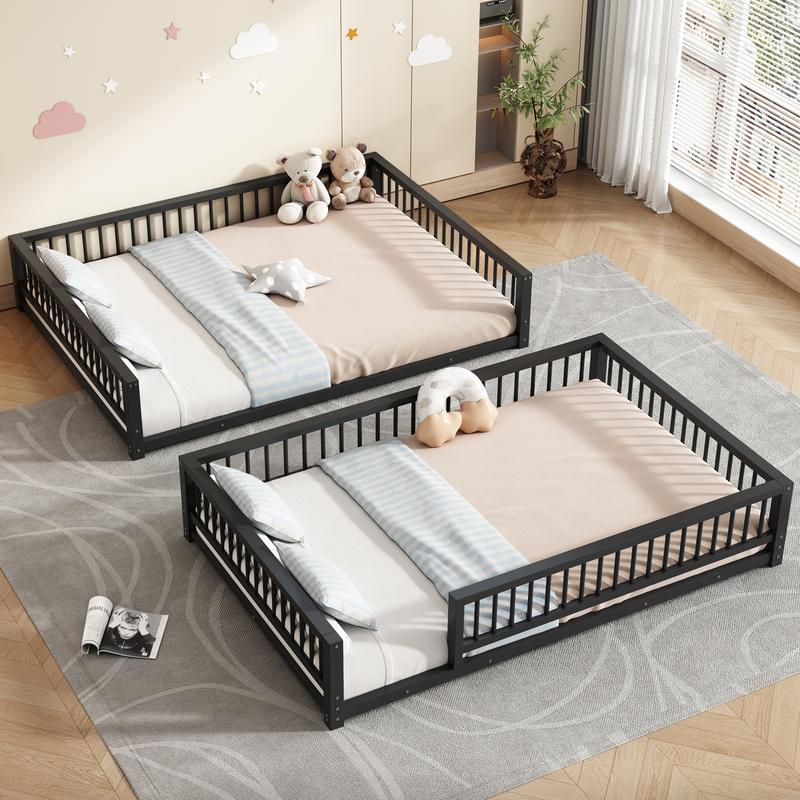 Modern Full XL Over Queen Bunk Bed Frame, Metal Floor Bunk Bed Frame with Ladder & Guardrails, No Spring Box Needed, That Can Separate, Black Modern Full XL Over Queen Bunk Bed Frame, Metal Floor Bunk Bed Frame with Ladder & Guardrails, No Spring Box Needed, That Can Separate, Black
