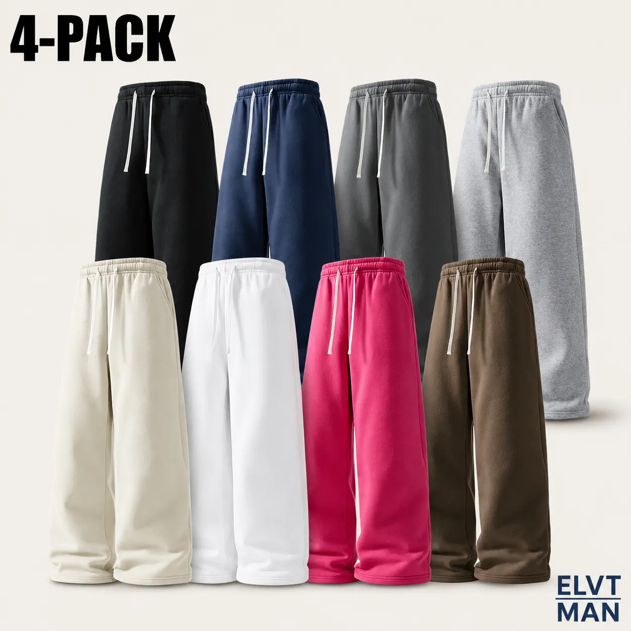 Men's 4-Piece Baggy Sweatpants Set - Plain Menswear, Multi-Size Loose-Fit Wide Leg Comfy Full-Length Pants with Drawstring Elastic Waist, Side Pockets, Assorted Colors for Relaxed Streetwear (XXS-XXXXL)