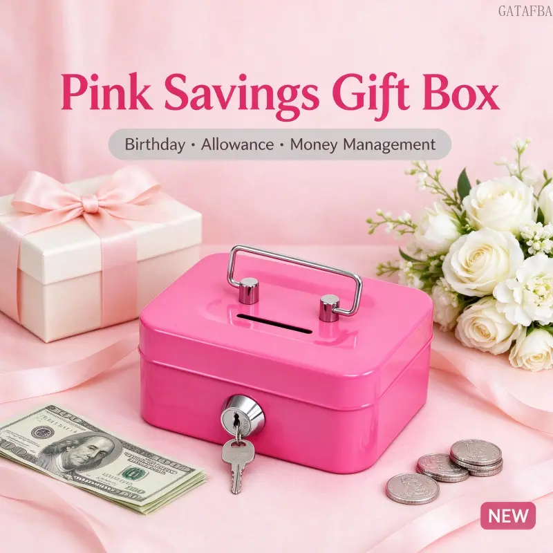 Mini Metal Lockable Savings Box with Keys, Portable Cash Storage Box with Handle, Small Secure Money Safe for Home Desktop Storage & Decor