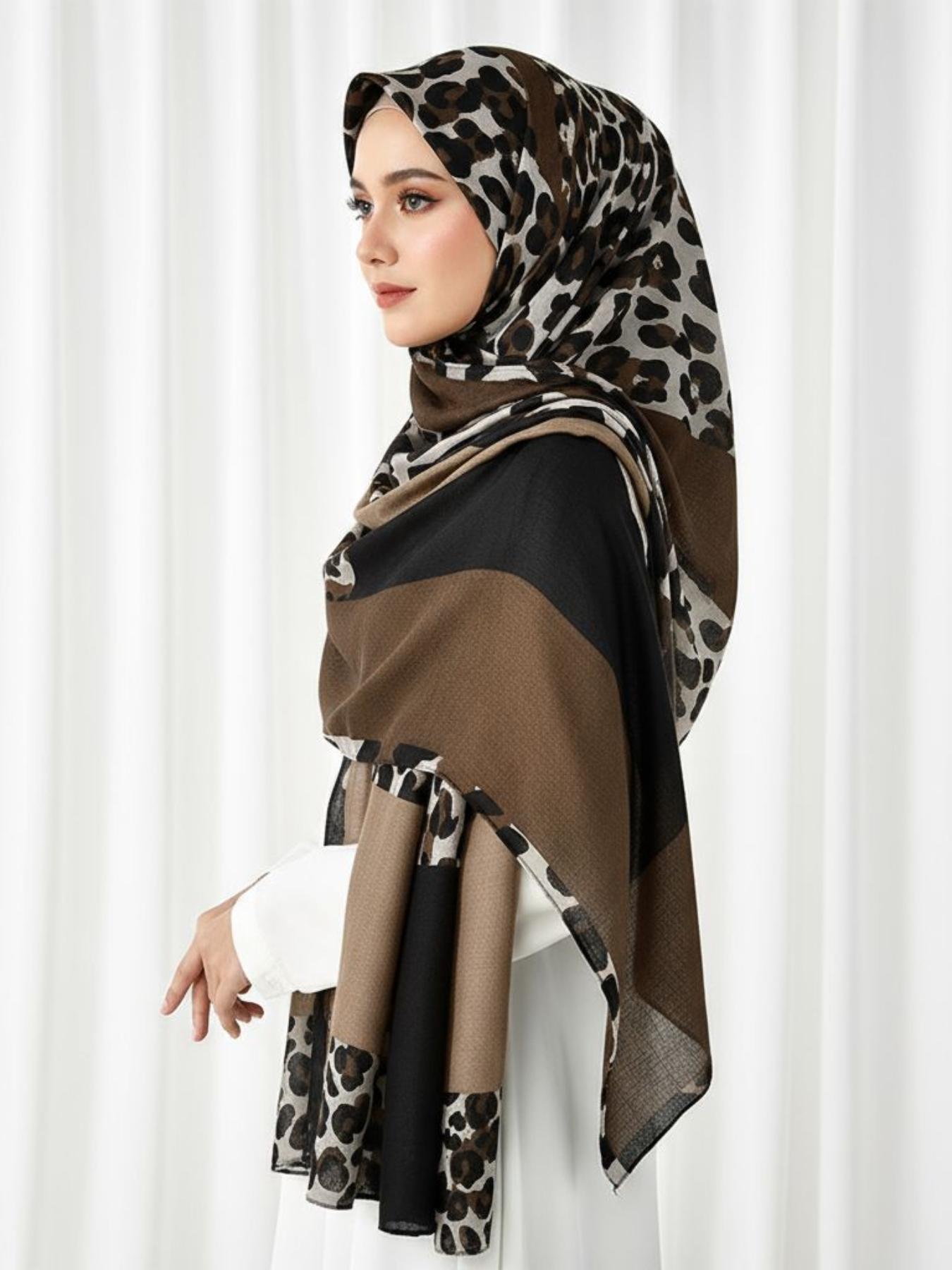 Women's Lightweight Cotton Linen Leopard Print Modest Hijab Scarf Shawl, Multi-Functional Headband, Boho Style, Perfect for Beach Outdoors