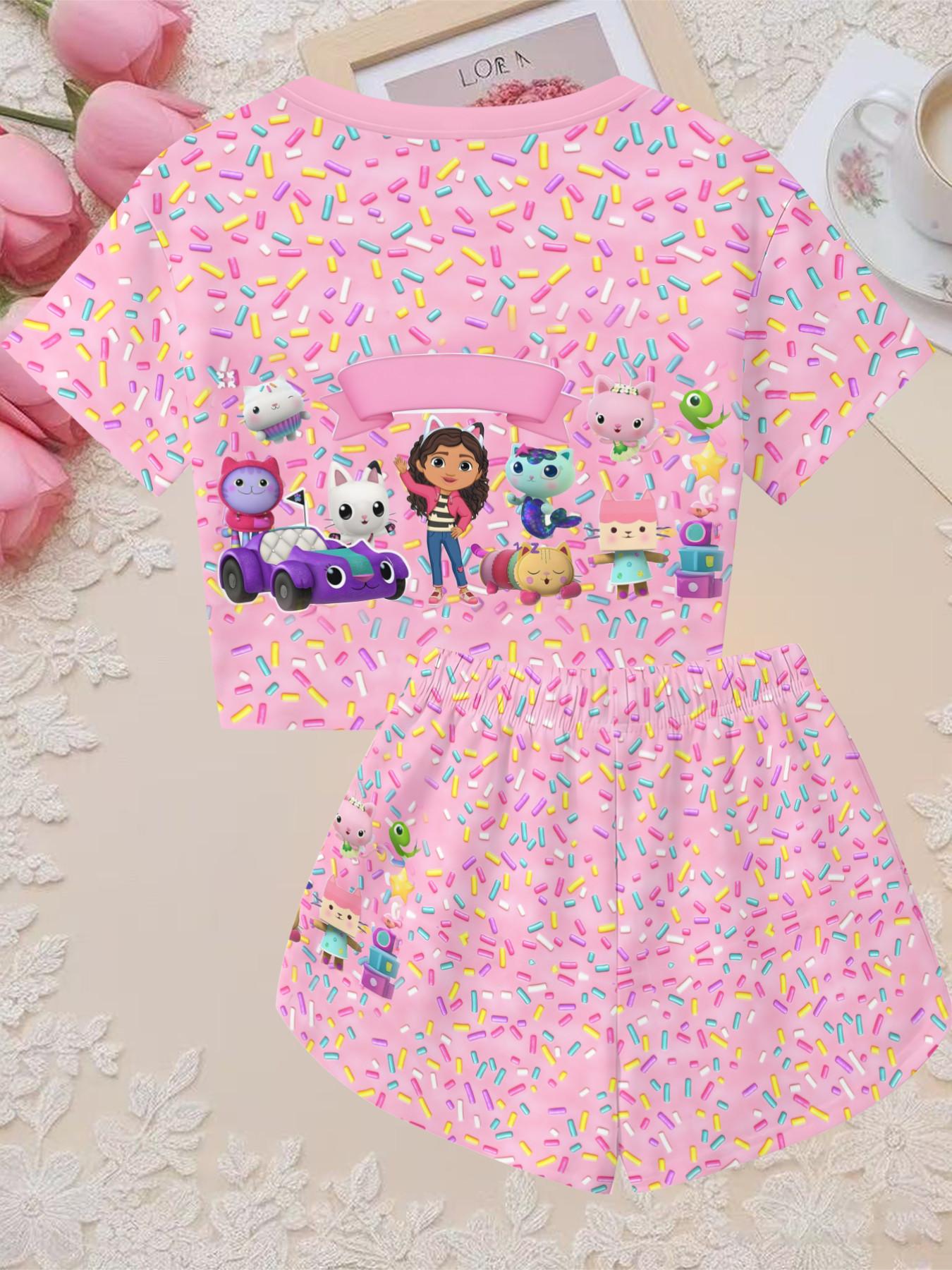Girls' 3D Short Sleeve Set, Gabby Dollhouse Candy Sprinkle Print, Perfect for Outdoor, Gifts, Birthday Parties, Casual Slim Fit Crop Top Suit
