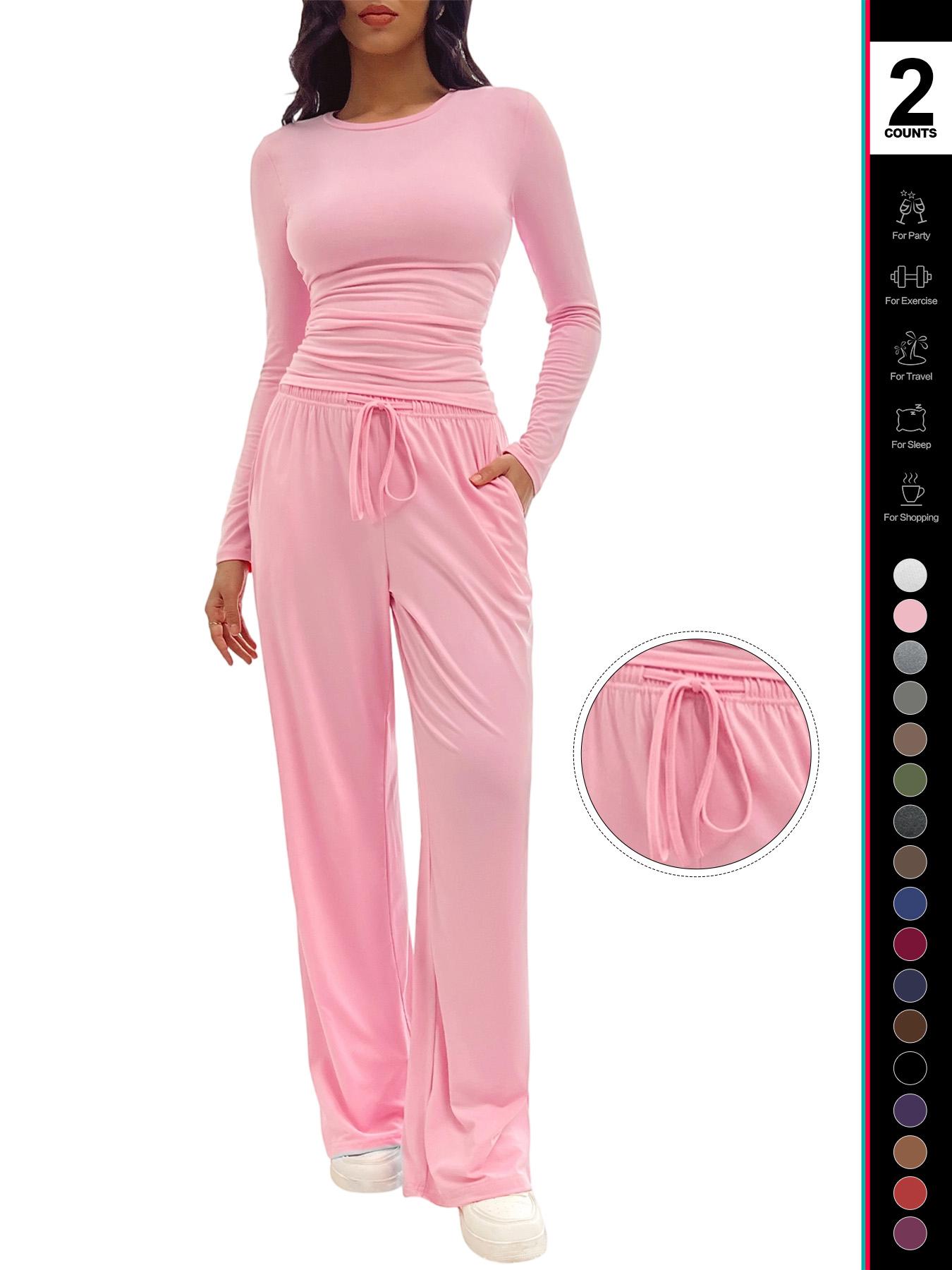 Women's Solid Ruched Drawstring Loungewear Set, Casual Fit Long Sleeve Round Neck Top & Pocket Wide Leg Trousers, Ladies Sleepwear for All Seasons