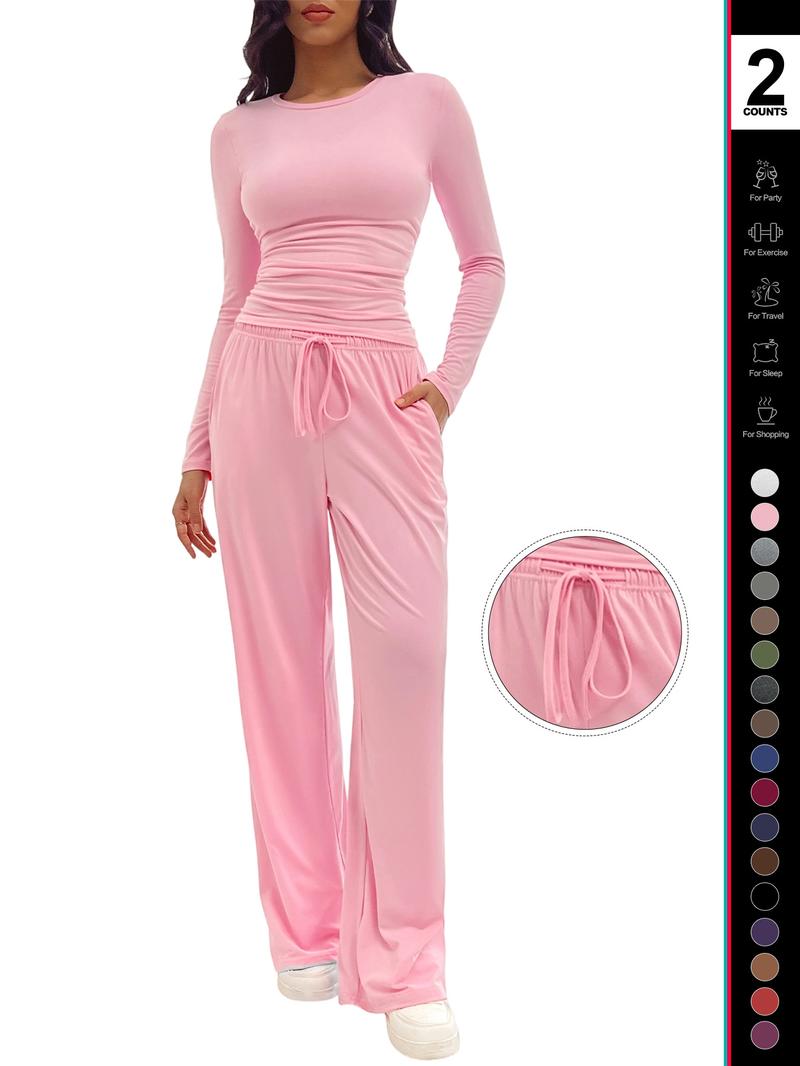 Women's Solid Ruched Drawstring Loungewear Set, Casual Long Sleeve Round Neck Top & Pocket Wide Leg Trousers, Ladies Sleepwear for All Seasons