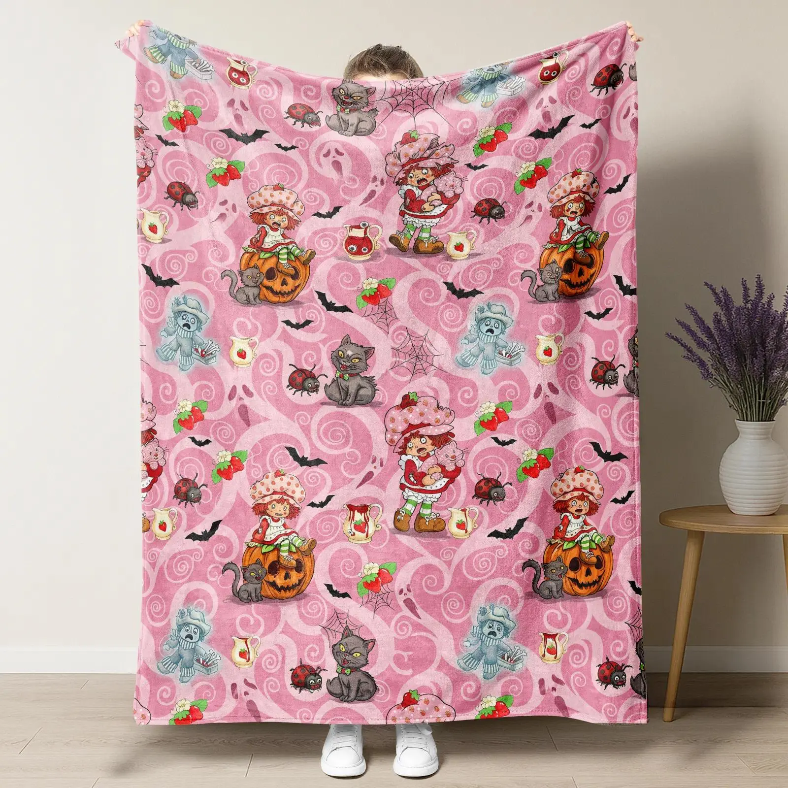Pink Swirl Strawberry Girl Halloween Throw Blanket, Jack O Lantern Black Cat Bat Ghost Print Flannel Blanket, Cute Spooky Fall Decor Blanket For Bedroom Sofa