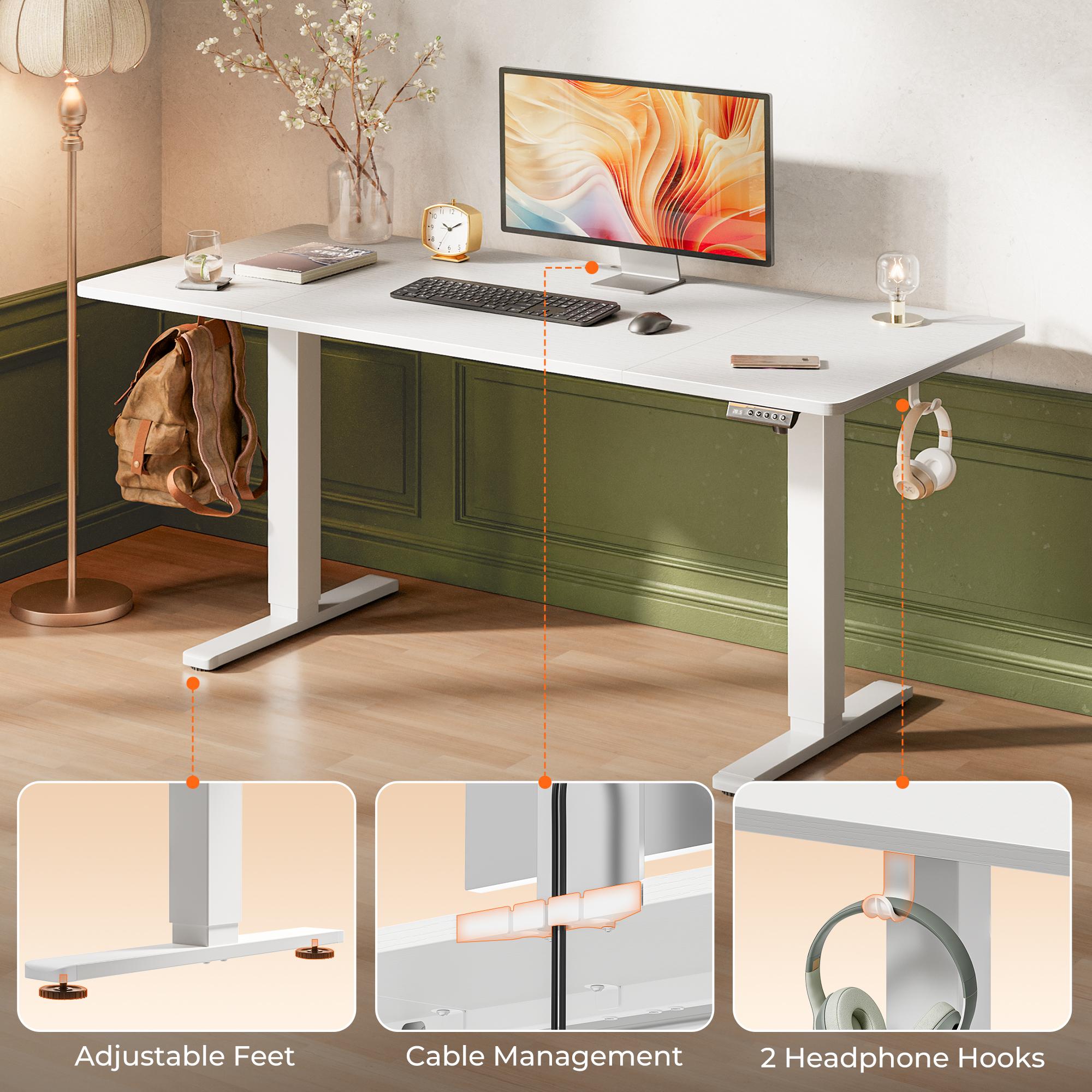 Huuger 48/55 Inch Electric Standing Desk, Stand up Desk, 27.6" Deep Desktop, 28.3" to 46.5" Height Adjustable Desk, Computer Desk with 2 Hooks, 3 Preset Heights, Office Desk
