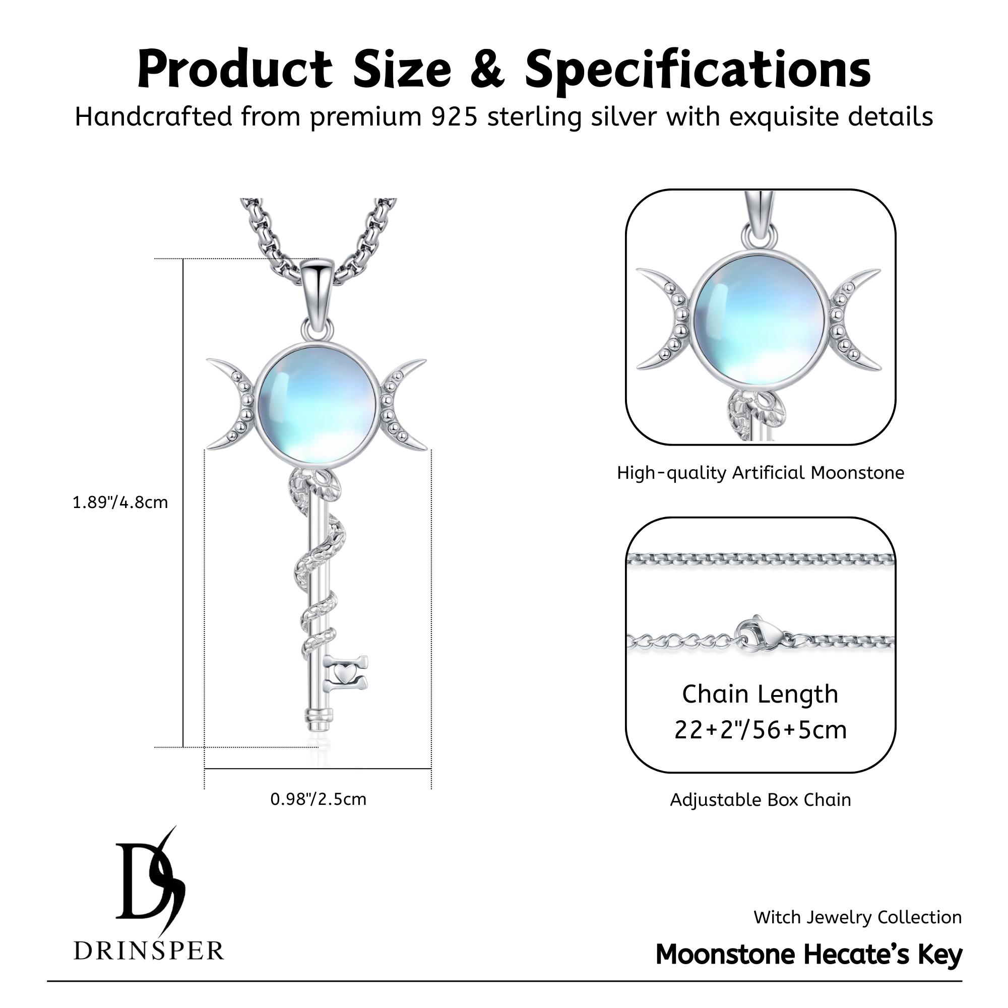 DRINSPER Hecat's Key S925 Sterling Silver Moonstone Necklace, Witch Jewelry Collection, Hekate the Goddess of Witchcraft and Magic, Pagan Wiccan Jewelry for Women Men, Paganism Protection Amulet Gift