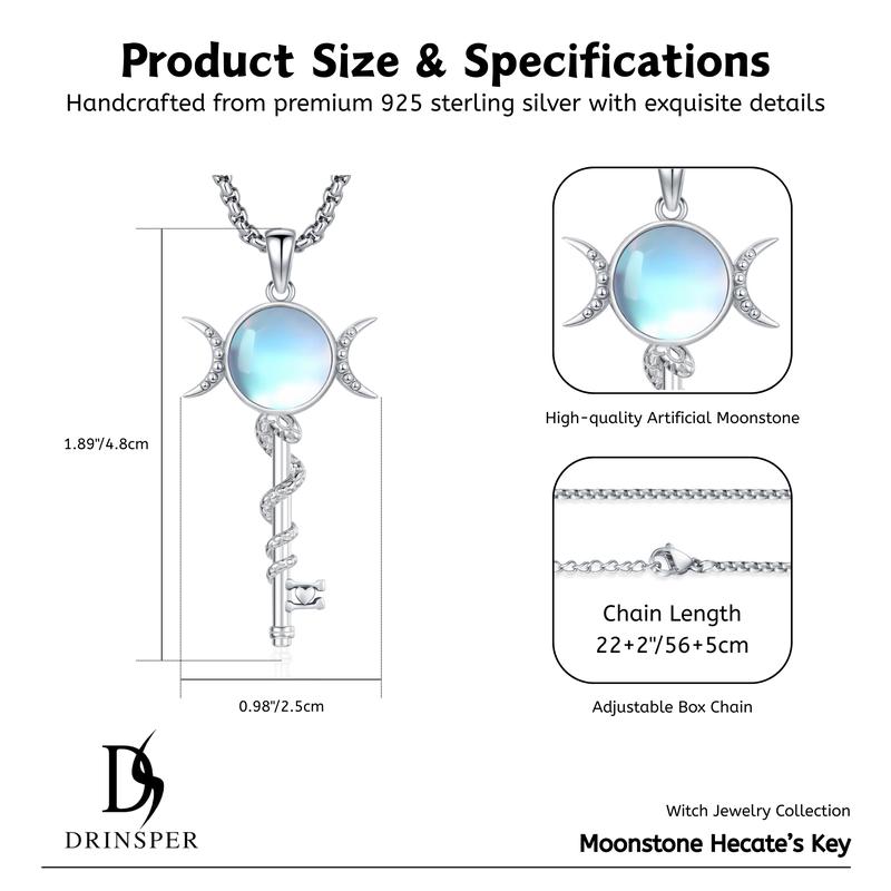 DRINSPER Hecat's Key S925 Sterling Silver Moonstone Necklace, Witch Jewelry Collection, Hekate the Goddess of Witchcraft and Magic, Pagan Wiccan Jewelry for Women Men, Paganism Protection Amulet Gift