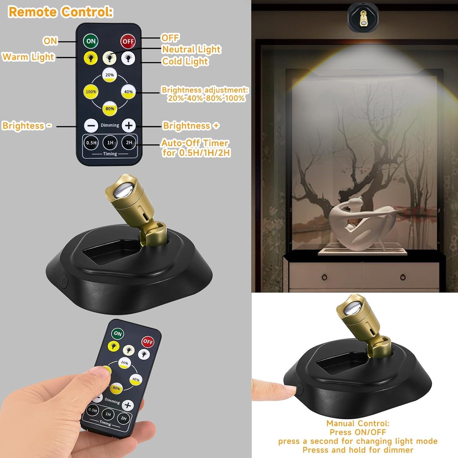 LED Wireless Spotlight with Remote Control, Rechargeable Indoor Light, Adjustable Color Temperature, Timer, Suitable for Cabinets and Wall Lights, LED Mood Light