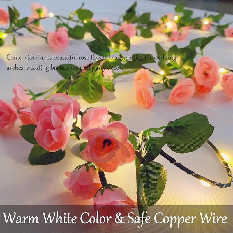 One artificial flower string light, battery-powered simulated rose vine wreath light, 69 heads with 20 LEDs, silk hanging pink rose vine, suitable for weddings, parties, gardens, Christmas, Valentine's Day decorations.