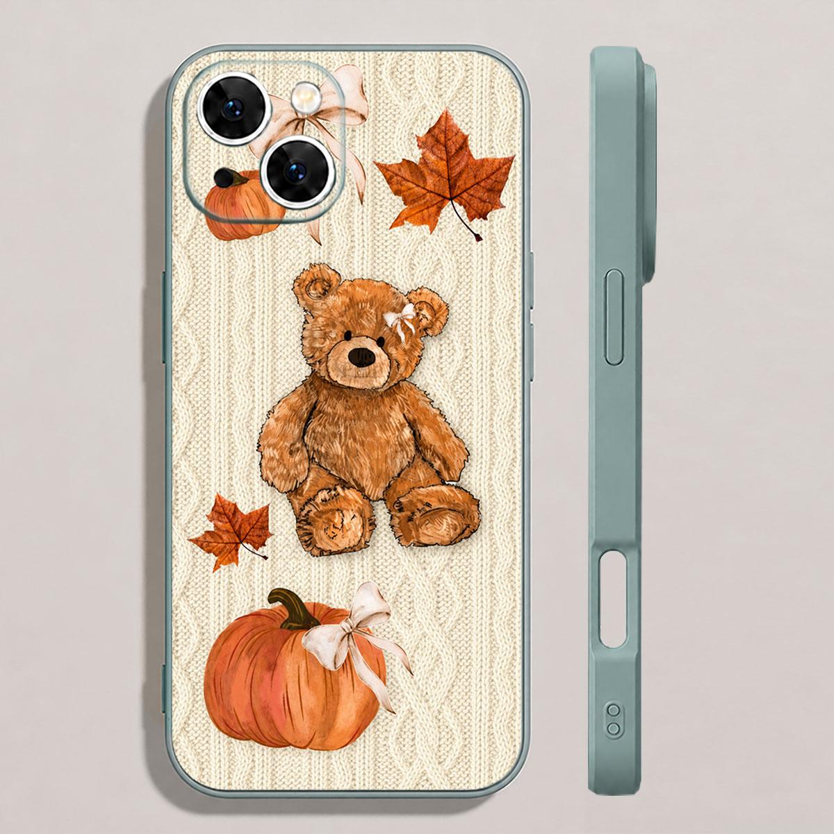 Pumpkin Teddy Knit Phone Case, Autumn Cottagecore Maple Leaf Slim Bumper Cover for iPhone 17 16 15 14 13 12 11 X Plus Pro Max, Fall Birthday Gift