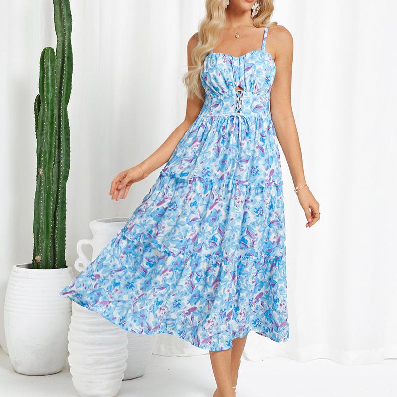 【Valentine's Day Limited】GRACE KARIN Women's Summer Floral Dress Spaghetti Strap Smocked Tiered Casual Boho Maxi Long Sundress with Pockets