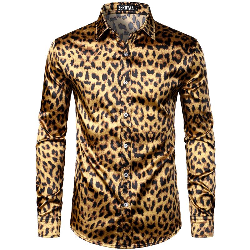 ZEROYAA Men's Hipster Fitted Silk Like Satin Dress Shirt Long Sleeve Button Down Printed Shirt for Party Prom fourth july shirt summer outfits men funny shirts