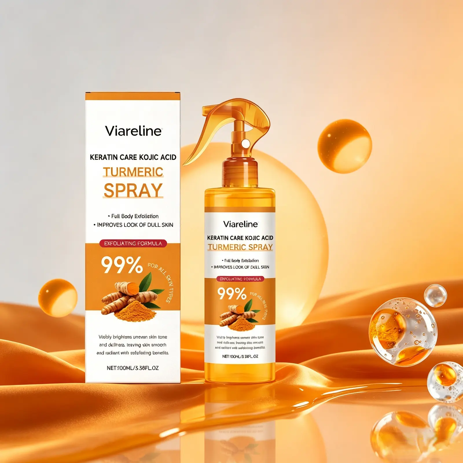 Kojic Acid Turmeric Exfoliating  Spray, Gentle Moisturizing  Cleanser &  Exfoliator, Dead  Remover, Smooth Bright Radiant Glow, Suitable for Sensitive  & Most  Types, 100g