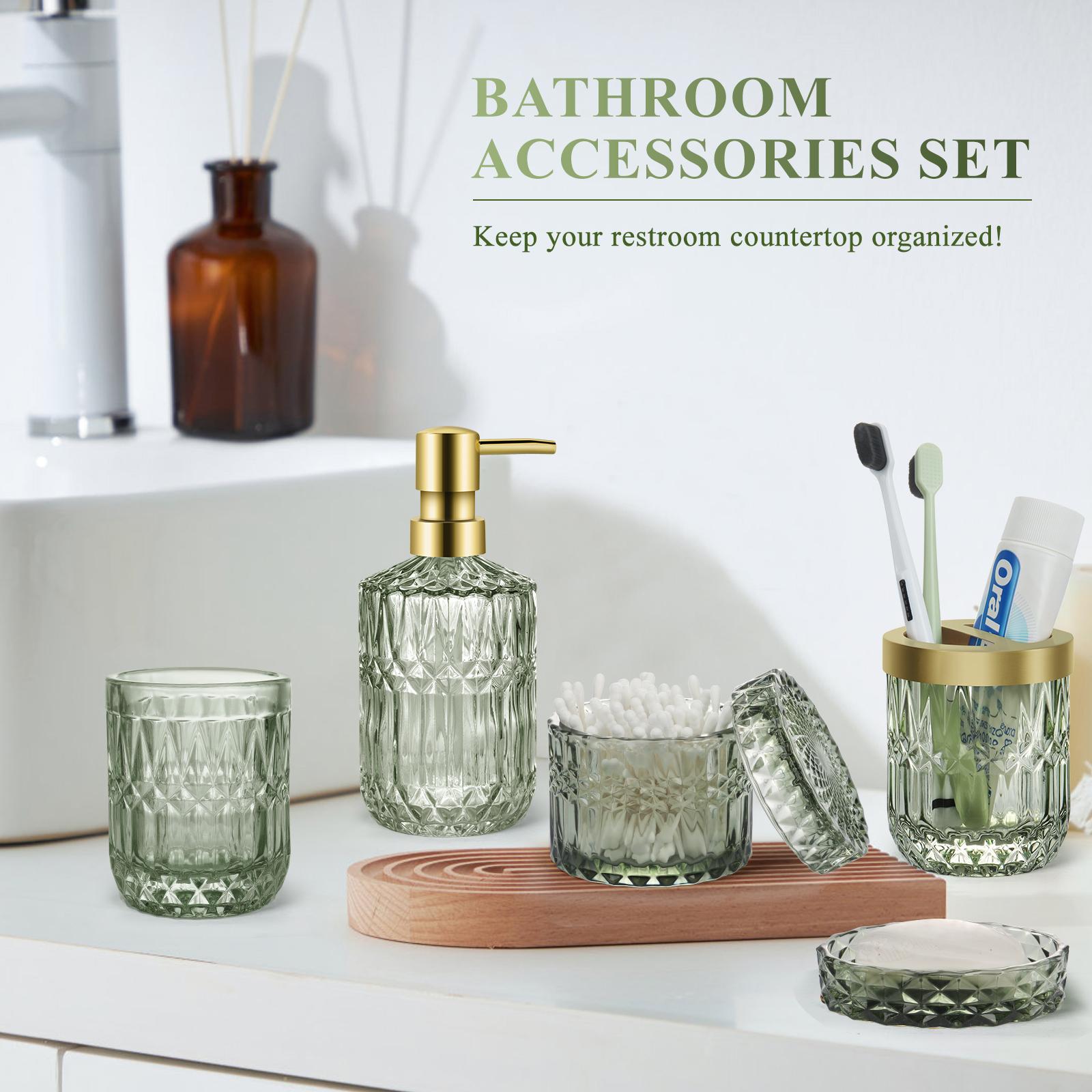 PLL Green Bathroom Accessories Set, 5Pcs Clear Glass Bathroom Accessories, Vanity Bathroom Decor, Hand Soap Dispenser, Soap Dish, Toothbrush Holder Set, Modern Countertop Organizer, Housewarming Gift Set PLL Green Bathroom Accessories Set, 5Pcs Clear Glass Bathroom Accessories, Vanity Bathroom Decor, Hand Soap Dispenser, Soap Dish, Toothbrush Holder Set, Modern Countertop Organizer, Housewarming Gift Set