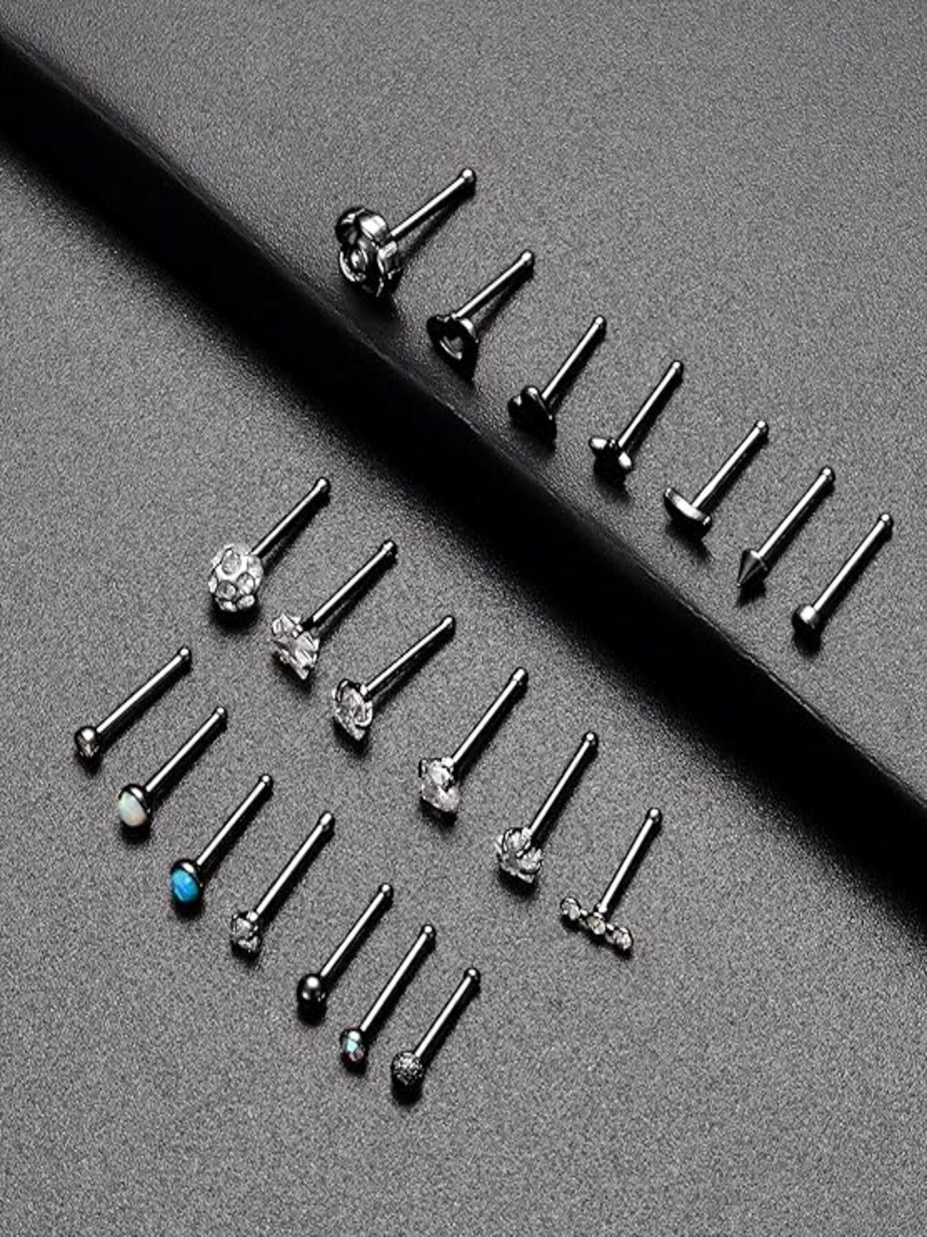 20 Pcs Nose Rings Trendy & Dazzling Style (Multiple Styles with Shiny Crystal Accents & Straight Bar-Shaped Design) for Women & Girls (Daily Wear, Parties & Piercing Styling)