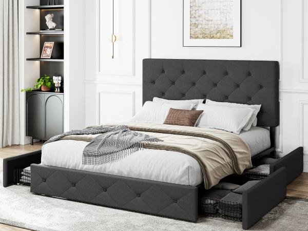 SHA CERLIN Platform Storage Bed Frame with 4 Drawers【Frame Only No Mattress】Adjustable Upholstered Headboard with Button Tufted Design,Wooden Slat Support,No Box Spring Needed,Full/Queen/King #ChristmasGifts#TikTokShopBlackFriday
