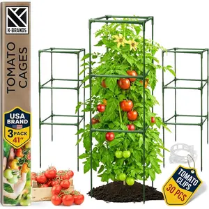 Square Tomato Cage - Large Trellis Stakes and Plant Support Structures for Vegetables and Climbing Plants - Tall Tomato Cages for Garden, Pots, Raised Garden Bed Outdoor Supplies (3 Pack - Up to 41")