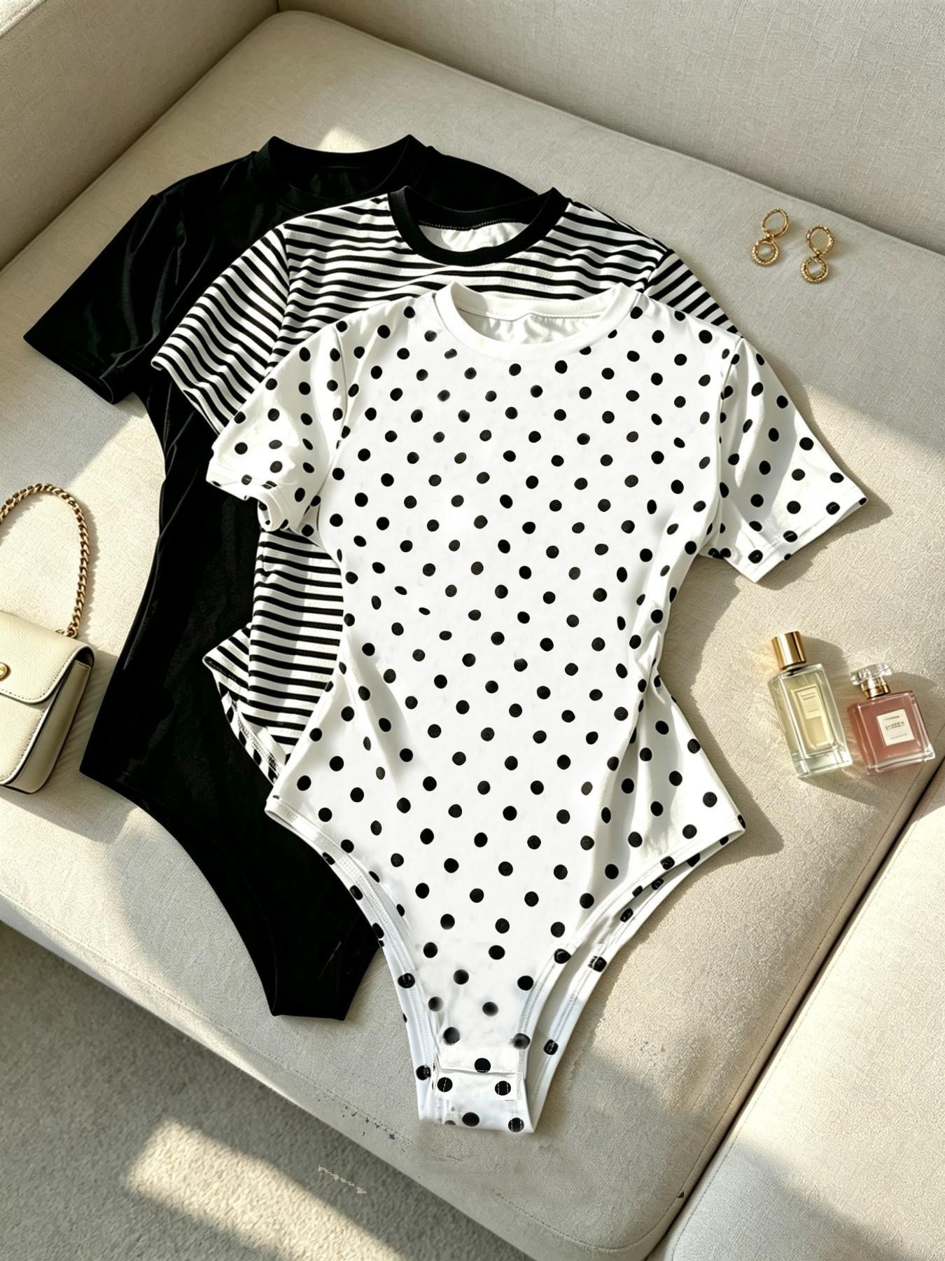 Women’s Short Sleeve Slim Fit Bodysuit, Bodycon Fitted Bodysuit, Casual Chic Aesthetic Polka Dot & Striped Print Crew Neck Bodysuit, Stretchy Soft Fabric, Versatile for Daily Wear and Summer Outfits, Fashion Womenswear