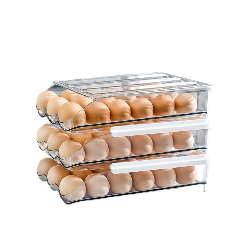 Egg Holder for Refrigerator, Automatic Rolling Egg Dispenser with Lid, Stackable Storage Rack, Transparent Plastic Egg Tray 2-Tier/3-Tier