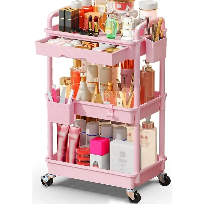 Pink 3-Tier Rolling Makeup Organizer Cart with Removable Drawer & Lockable Wheels, Large-Capacity Vanity Storage Cart for Skincare, Cosmetics, Makeup Brushes, Perfume, Nail Polish, Hair Tools & Bathroom Organization