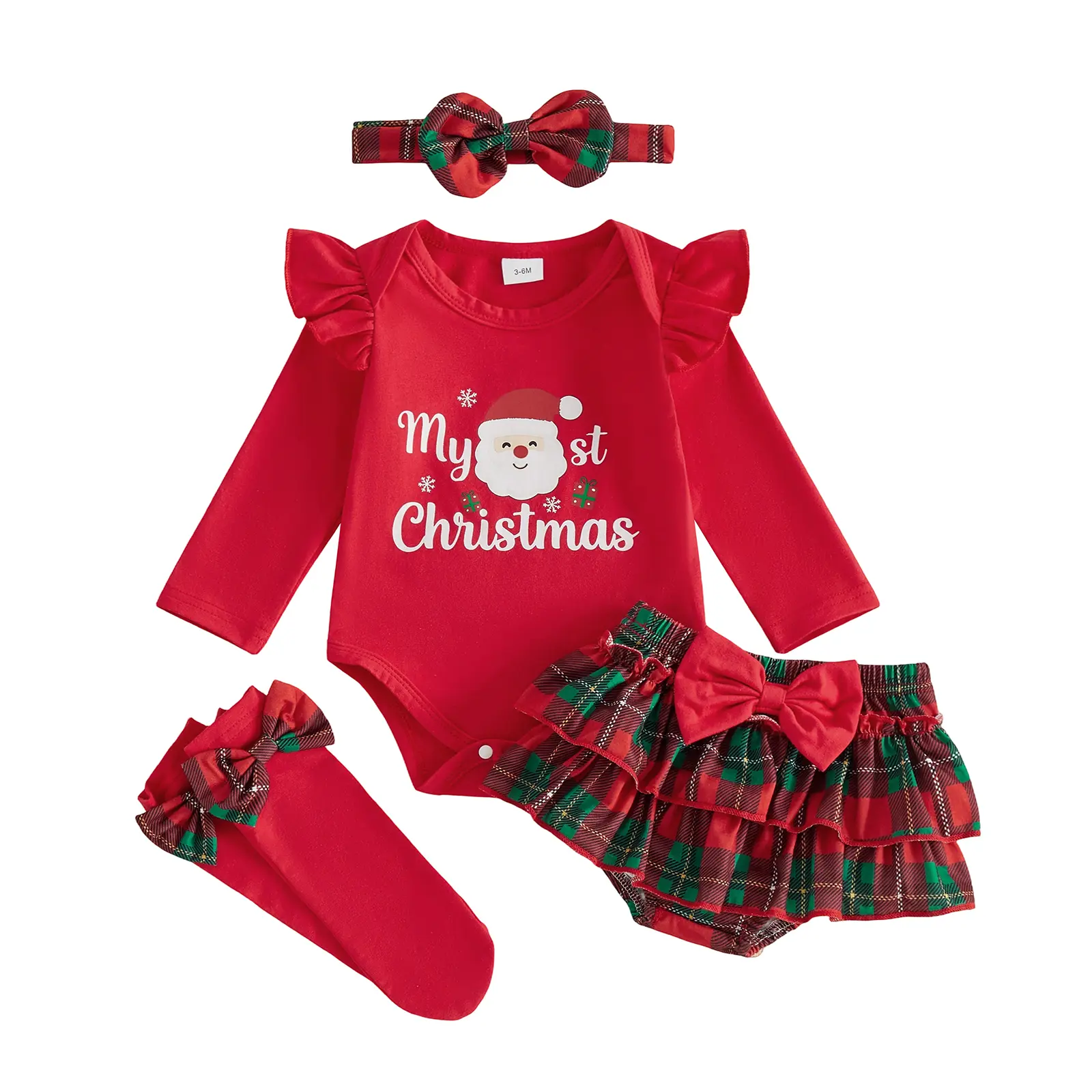 Meihuida Newborn Baby Girl My First Christmas Outfit Long Sleeve Romper Skort Headband Stockings Set Fall Winter Clothes 0-12 Months