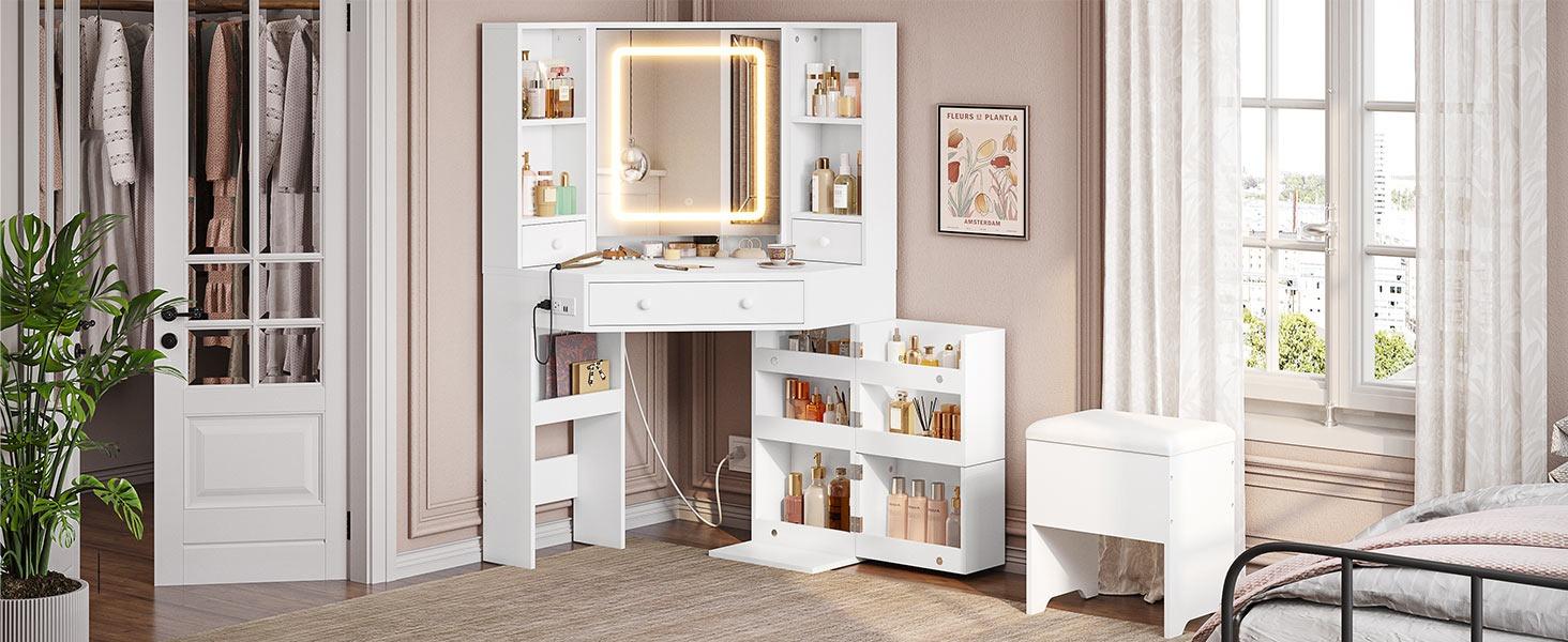 Sikaic Corner LED Makeup Vanity Desk With Storage Stool And Charging Station Mirror Drawers, Rotating Shelves